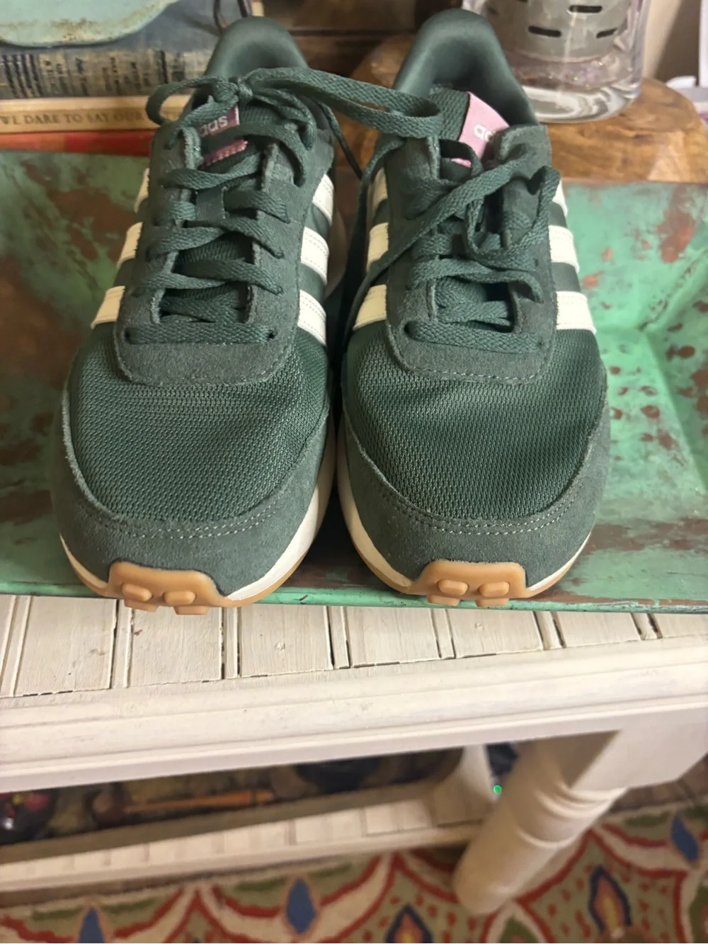 adidas Dark Green Lace-Up Sneakers with White Stripes and Pink Heel